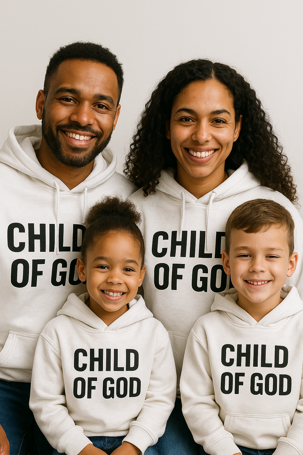 A famiA family of four standing outdoors and smiling together, representing the inclusive and faith-driven spirit of the Child of God Collection.
