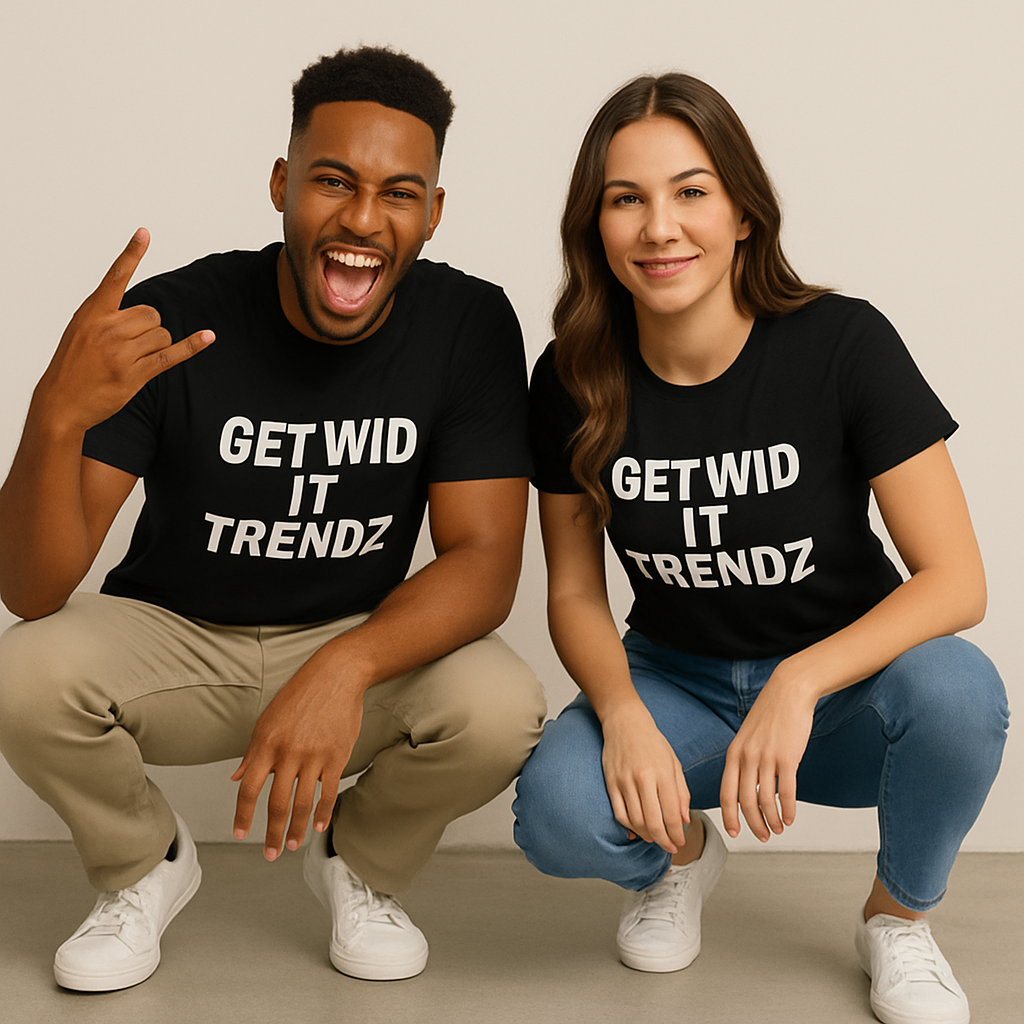 Male and female models wearing matching Get Wid It Trendz hoodies, standing confidently together and representing the brand’s inclusive Unisex Collection